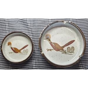 2 Otagiri Roadrunner Cactus Stoneware Ashtray 5" & 3.5"- Vintage Japan- READ